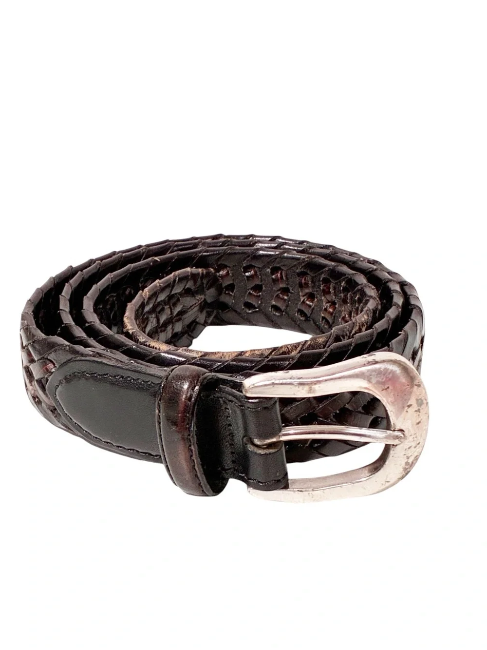 Vintage Brighton Women’s 36 Leather Belt Silver Tone Buckle Brown Braided